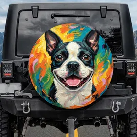 Charismatic Boston Terrier Face Smiling Open Mouth Tongue - Dog Lover Car Decor Gift Spare Tire Cover