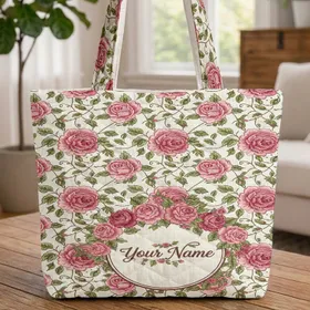 Embroidered Pink Roses Bouquet & Vines Calligraphy Hoop - Everyday Carry Gift Quilted Tote Bag