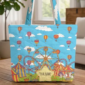 Amusement Park Ferris Wheel Merry Go Round Hot Air Balloons - Kids Travel Gift Quilted Tote Bag
