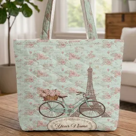 Vintage Light Blue Bicycle Eiffel Tower Blush Pink Roses Butterfly - Travel Essentials Quilted Tote Bag