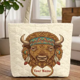 Personalized Bison Head Turquoise Headpiece Feathers - Wildlife Lover Everyday Carry Gift Quilted Tote Bag