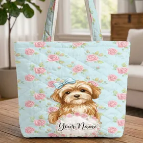 Dog Bow Rose Wreath - Everyday Carry Gift for Dog Lover Quilted Tote Bag