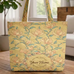 Antique Magnolia Blossom Wreath Personalized Name - Everyday Carry Gift Quilted Tote Bag