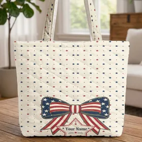Patriotic Bow Stars Stripes Everyday Carry Gift Quilted Tote Bag