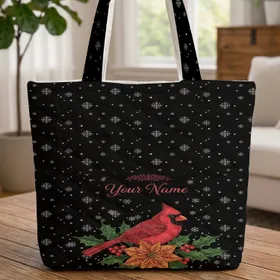 Winter Red Cardinal Poinsettia Wreath Snowflakes Christmas Gift Quilted Tote Bag