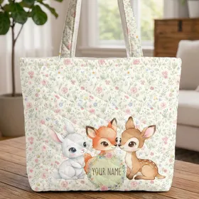 Personalized Name Baby Animals Wildflower Wreath - Everyday Carry Gift for New Mom Quilted Tote Bag