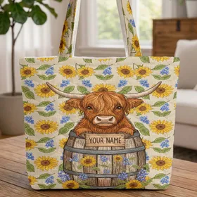 Highland Cow Barrel Wildflowers Everyday Carry Gift - Cow Lover Quilted Tote Bag