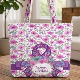 Ornate Deep Purple Awareness Ribbon Floral Blossoms Butterflies Personalized Gift Quilted Tote Bag