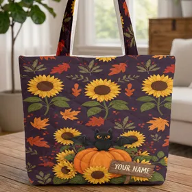 Glowing Eyed Black Bat Pumpkin Sunflowers Autumn Foliage - Halloween Lover Gift Quilted Tote Bag