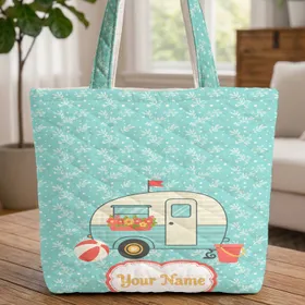 Camper Trailer Flowers Red Flag Beach Ball Sand Bucket Name Heart - Everyday Carry Gift Quilted Tote Bag