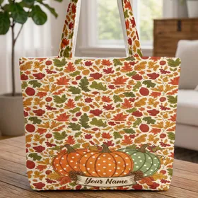 Autumn Pumpkins Fall Leaves Pinecones Everyday Carry Gift Quilted Tote Bag
