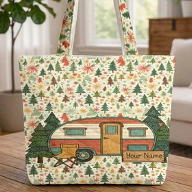 Personalized Vintage Camper Pine Trees Travel Essentials for Camper Quilted Tote Bag