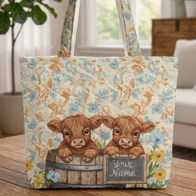 Baby Highland Calves Wildflower Rustic Sign - Everyday Carry Gift for Cow Lover Quilted Tote Bag