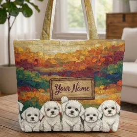 White Bichon Frise Puppies Tapestry Patchwork - Everyday Carry Gift Quilted Tote Bag