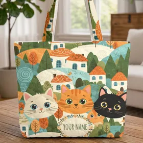 Cartoon Cat Faces Storybook Landscape Floral Wreath - Everyday Carry Gift for Cat Lover Quilted Tote Bag