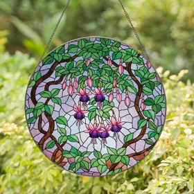 Stained Glass Fuchsia Flowers Branches Geometric Mosaic - Home Decor Gift for Floral Lover Stained Glass Suncatcher