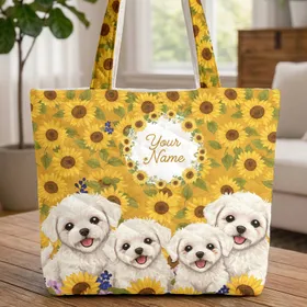Bichon Frise Puppies Sunflowers Floral Name - Everyday Carry Gift for Dog Lovers Quilted Tote Bag