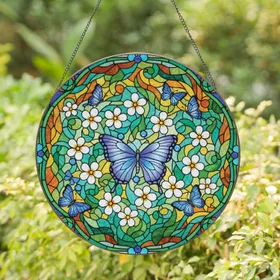 Blue Butterfly White Flower Blue Gemstone Border - Home Decor Gift for Butterfly Lover Stained Glass Suncatcher