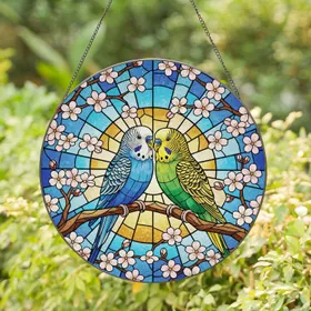 Budgies Cherry Blossom Stained Glass Sky - Home Decor Gift for Bird Lovers Stained Glass Suncatcher