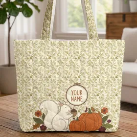 White Squirrel Acorn Pumpkins Autumnal Foliage - Fall Season Everyday Carry Gift Quilted Tote Bag