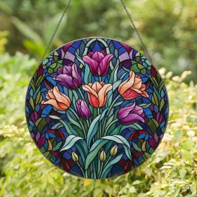 Blooming Tulips Foliage Flower Buds Botanical Mosaic - Housewarming Home Decor Gift Stained Glass Suncatcher