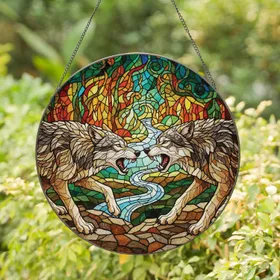 Majestic Wolves Baring Fangs Rock Landscape - Wildlife Lover Home Decor Gift Stained Glass Suncatcher