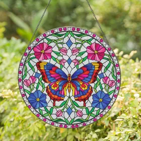 Butterfly Pink Blue Blossoms Green Leaves Diamond Glass Beads Jewel Tone Home Decor Gift Stained Glass Suncatcher