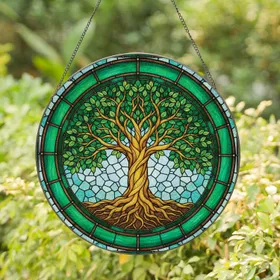 Ancient Tree of Life Gnarled Trunk Variegated Circular Border Sky Home Decor Gift Stained Glass Suncatcher