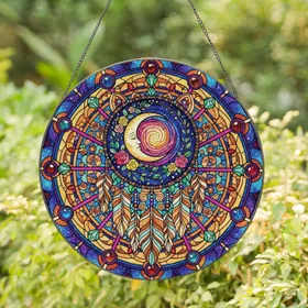 Boho Dreamcatcher Moon Galaxy Floral Feather Stained Glass - Home Decor Gift Stained Glass Suncatcher