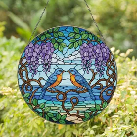 Bluebirds Wisteria Blossoms Ocean Horizon Scene - Wildlife Home Decor Gift Stained Glass Suncatcher