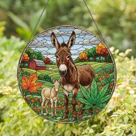Majestic Brown Donkey Foal Cannabis Leaf Autumn Barn Landscape - Farmhouse Decor Gift Stained Glass Suncatcher