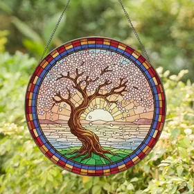 Ancient Cherry Blossom Tree Pink Blossoms Mosaic Sunset Waters - Home Decor Gift Stained Glass Suncatcher