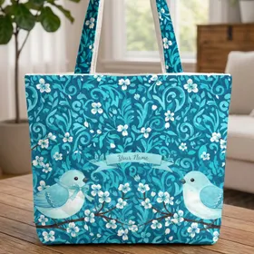 Two Light Blue Birds Blossoming Branches - Wildlife Lover Gift for Bird Lover Quilted Tote Bag