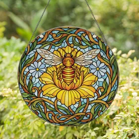 Honey Bee Golden Flowers Leaf Vines Nature - Kitchen Window Home Decor Gift for Bee Lover Stained Glass Suncatcher