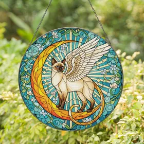 Stained Glass Siamese Cat Angel Wings Crescent Moon Floral - Home Decor Gift for Cat Lover Stained Glass Suncatcher