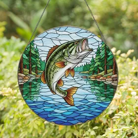 Leaping Freshwater Fish Lake Scene Pine Trees Rocks - Angler Home Decor Gift Stained Glass Suncatcher