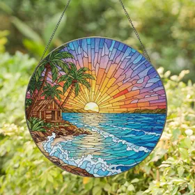 Tropical Sunset Beach Scene Palm Trees Beach Hut Ocean Waves - Home Decor Gift Stained Glass Suncatcher