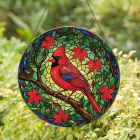 Majestic Cardinal Bird Tree Branch Maple Leaves - Home Decor Gift for Bird Lovers Stained Glass Suncatcher