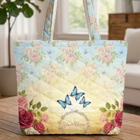Blue Butterflies Roses Floral Wreath Your Name - Everyday Carry Gift Quilted Tote Bag