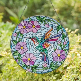 Hummingbird Purple Pink Flowers Green Leaves Home Decor Gift for Bird Lovers Stained Glass Suncatcher