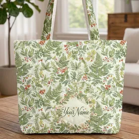 Vintage Botanical Wreath Fern Fronds Berry Branches - Everyday Nature Carry Gift Quilted Tote Bag