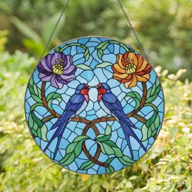 Swallows Birds Purple Orange Flowers Branch - Home Decor Gift for Bird Lover Stained Glass Suncatcher