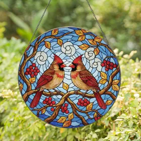 Northern Cardinals Red Berries Amber Leaves Blue Sky Mosaic - Wildlife Home Decor Gift Stained Glass Suncatcher