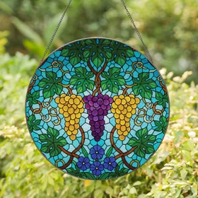 Tiffany Stained Glass Grapes Grapevines Blue Flowers Mosaic Sky - Home Decor Gift Stained Glass Suncatcher