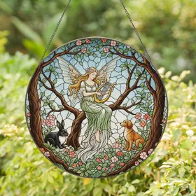 Winged Fairy Woman Lyre Rabbit Dog Tree Branch Swirled Sky - Home Decor Gift for Fairy Lover Stained Glass Suncatcher