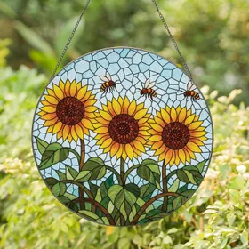 Tiffany Sunflowers Honeybees Floral Mosaic Sky Leaves - Home Decor Gift for Bee Lover Stained Glass Suncatcher