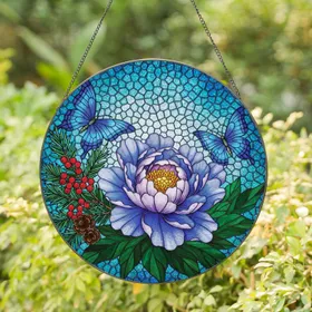 Lush Peony Blue Butterfly Evergreen Berries - Home Decor Gift for Flower Lover Stained Glass Suncatcher