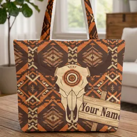Ornate Bull Skull Concentric Circle Southwestern Geometric Everyday Carry Gift Quilted Tote Bag