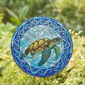 Sea Turtle Swimming Ocean Water Currents Bubbles Circular Frame Home Decor Gift Wildlife Lover Stained Glass Suncatcher