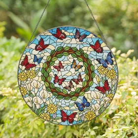 Intertwining Branches Leaf Wreath Butterfly Blossom Sunlight - Home Decor Gift Stained Glass Suncatcher